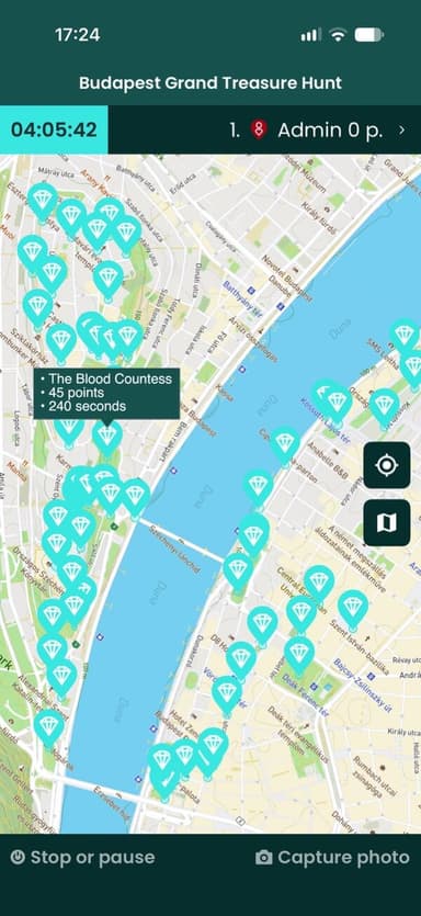 TerraHunt app: map of a city treasure hunt in Budapest with every treasure marked on both banks of the Danube