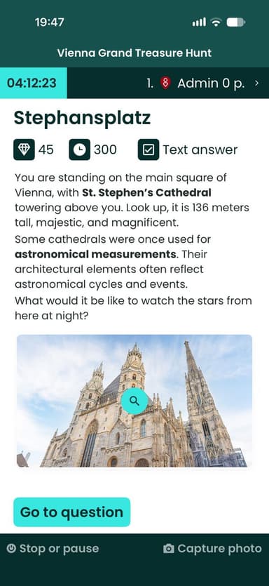 TerraHunt app: the story of St. Stephen's Cathedral at a stop in Vienna, before the question